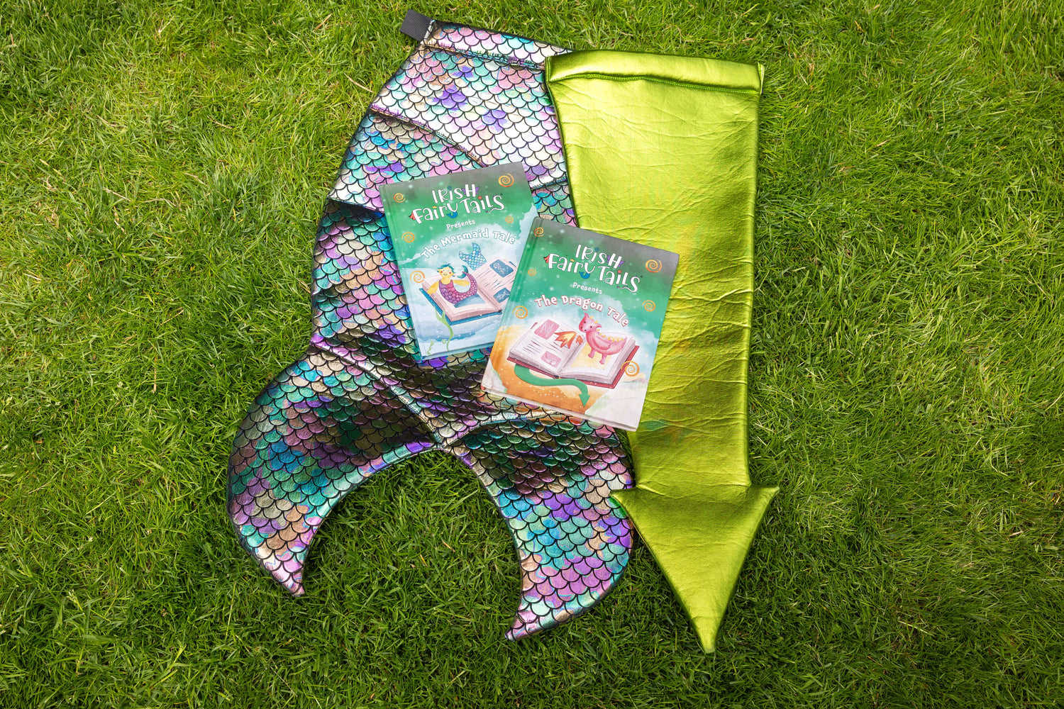 Mermaid tail and green dragon tail grass with books titled &