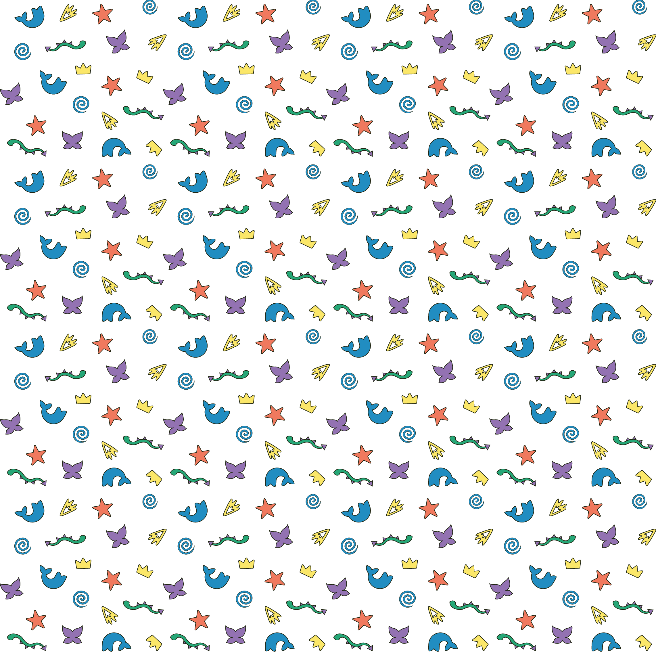 IFT pattern of blue mermaid tails, purple butterflies, yellow crowns, red stairs and green dragon tails.