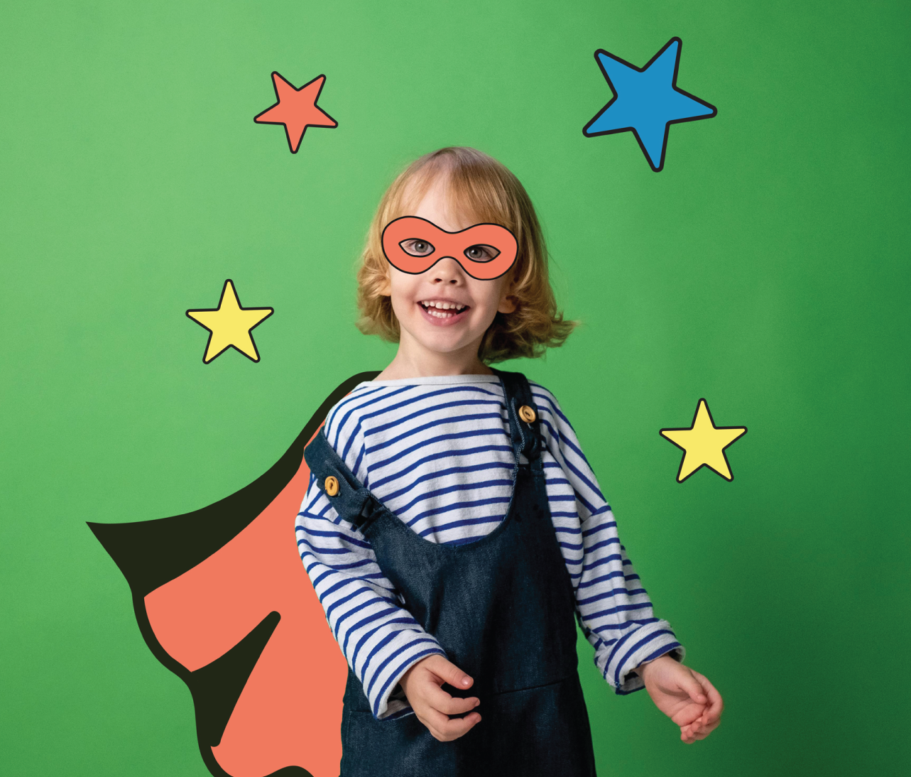 Small child wearing dungarees and a striped white and blue long sleeve top, with an animated black and red cape behind them and animated superhero eye mask in red on their face. 